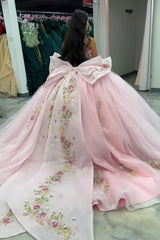 Pink - Off-The-Shoulder Tulle Appliqued Quinceanera Dress With Bow