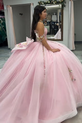 Pink - Off-The-Shoulder Tulle Appliqued Quinceanera Dress With Bow