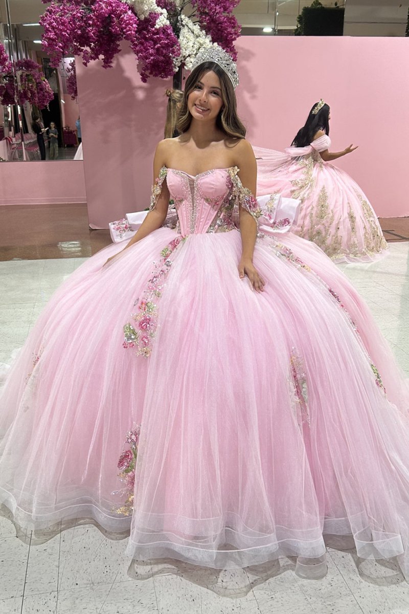 Pink - Off-The-Shoulder Tulle Appliqued Quinceanera Dress With Bow