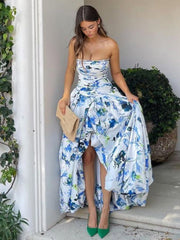 A-Line Blue Printed Strapless Long Prom Dress