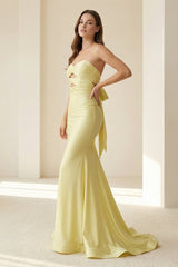 Yellow Strapless Mermaid Satin Formal Prom Dresses With Cutout