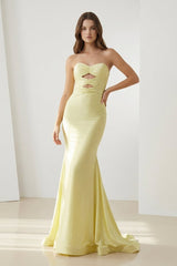 Yellow Strapless Mermaid Satin Formal Prom Dresses With Cutout