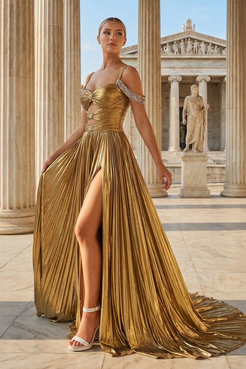 Off the Shoulder Gold A-Line Metallic Pleated Long Formal Gown