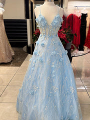 Light Blue 3D Flower Lace V-Neck A-Line Long Prom Dress