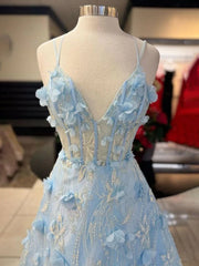 Light Blue 3D Flower Lace V-Neck A-Line Long Prom Dress