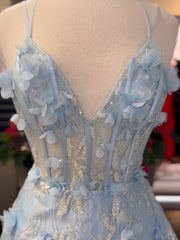 Light Blue 3D Flower Lace V-Neck A-Line Long Prom Dress
