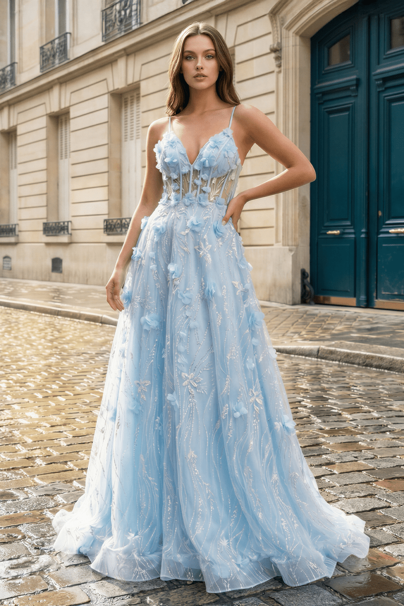 Light Blue 3D Flower Lace V-Neck A-Line Long Prom Dress