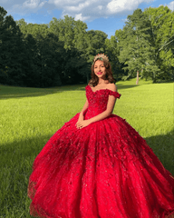 Ball Gown Lace Off-the-Shoulder Red Quinceanera Dress