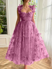 Candy Pink A-line Butterfly Lace Lilac Corset Prom Dress with Slit