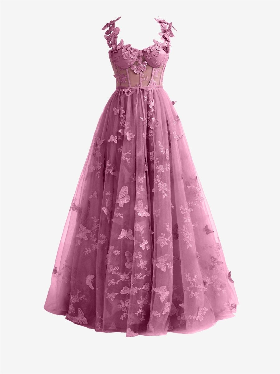 Candy Pink A-line Butterfly Lace Lilac Corset Prom Dress with Slit