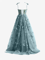 Dusty Blue A-line Butterfly Lace Lilac Corset Prom Dress with Slit