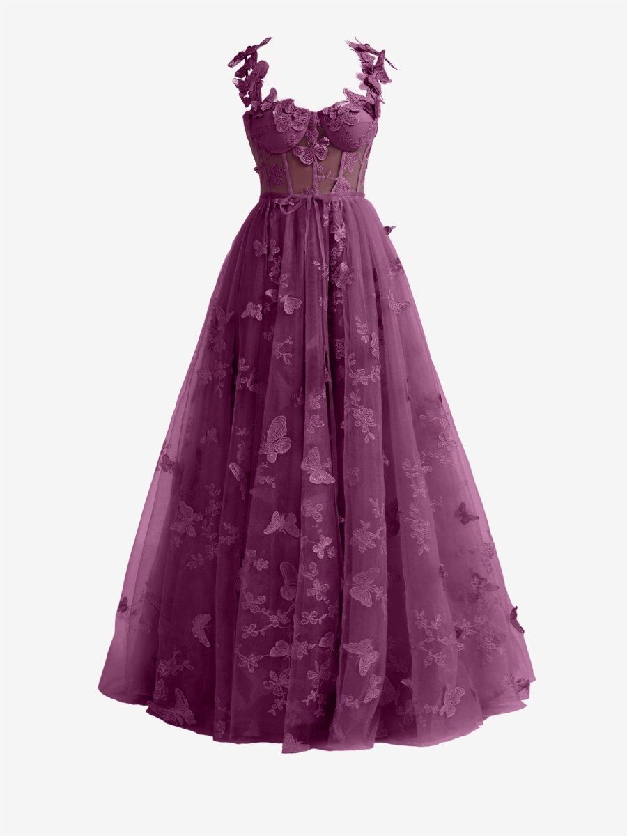 Grape A-line Butterfly Lace Lilac Corset Prom Dress with Slit