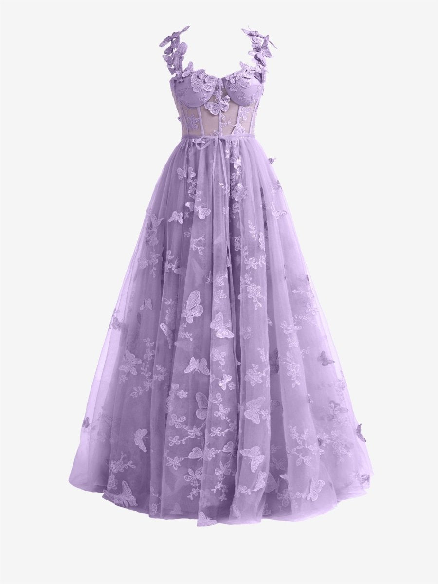 Light Purple A-line Butterfly Lace Lilac Corset Prom Dress with Slit