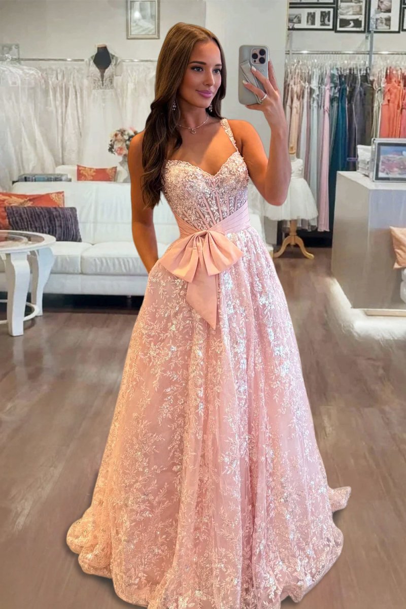 Pink Sweetheart A Line Sequined Lace Long Prom Dresses With Bow