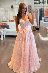 Pink Sweetheart A Line Sequined Lace Long Prom Dresses With Bow