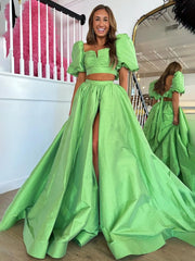 Green Two-Piece Puff Sleeves Long Prom Dress With Split