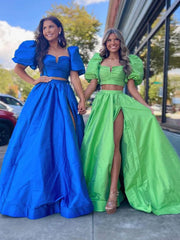Green Two-Piece Puff Sleeves Long Prom Dress With Split