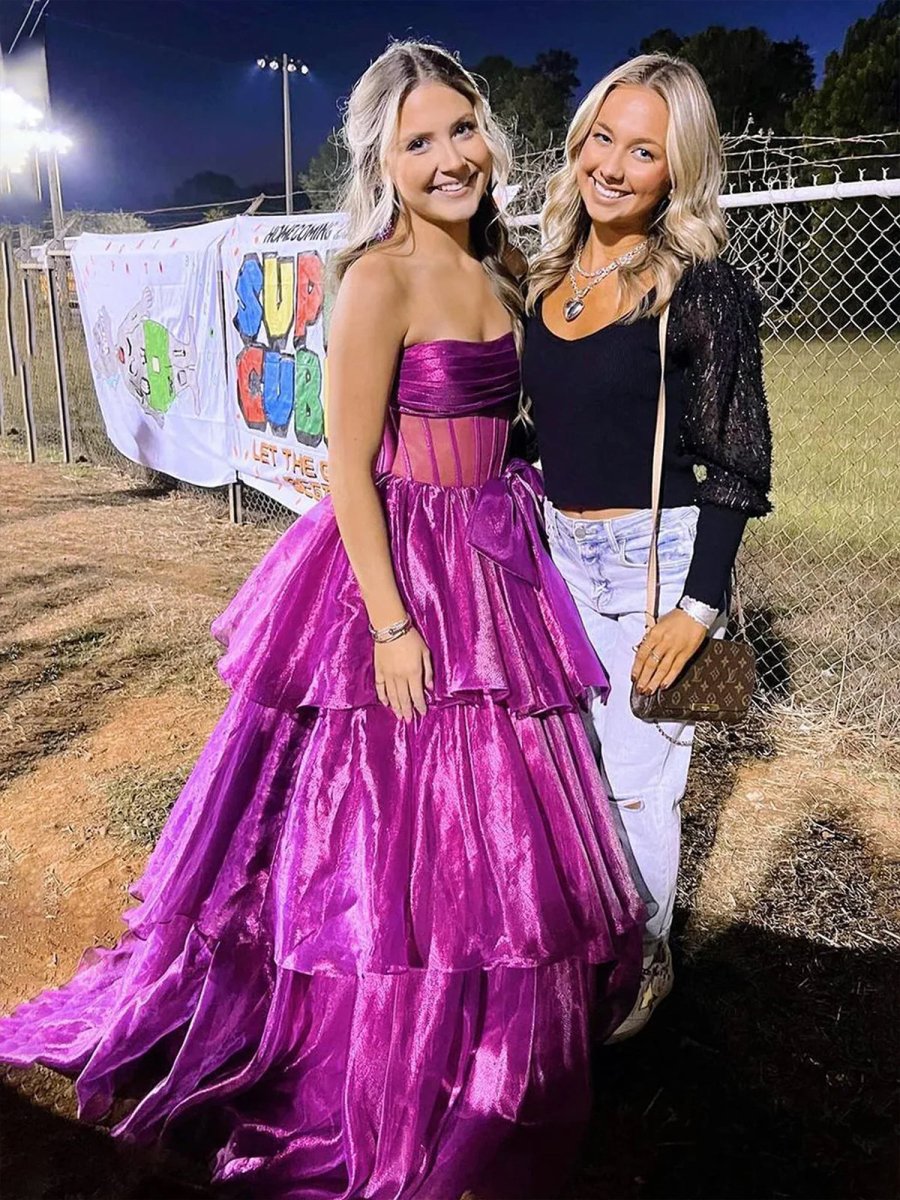 Ball Gown Strapless Organza Long Prom Dresses with Bow