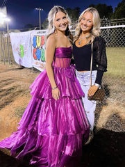 Ball Gown Strapless Organza Long Prom Dresses with Bow