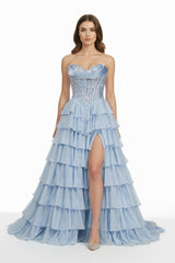Sky Blue Strapless A Line Chiffon Ruffled Long Formal Prom Dresses With Sequins