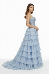 Sky Blue Strapless A Line Chiffon Ruffled Long Formal Prom Dresses With Sequins