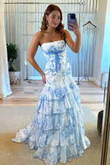 Blue Sheath Strapless Chiffon Ruffled Prom Dresses With Bow