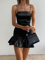 Black Spaghetti Strap Pleated Satin Homecoming Dress