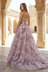 A-Line Strapless Floral Print Ruffle Long Prom Dress with Slit