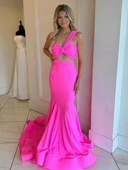 Hot Pink Two Piece One Shoulder Satin Mermaid Prom Dress