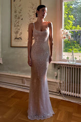 Simple Pink Mermaid Straps Sequin Prom Dresses With Split