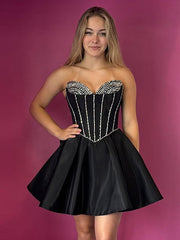 Black - Strapless Satin A Line Beaded Homecoming Dress With Bow