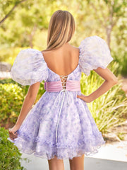 A-Line Sweetheart Lavender Short Homecoming Dress With Puff Sleeves