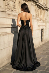 A Line Black Strapless Satin Prom Dresses With Slit