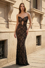 Black Strapless V-Neck Sleeveless Lace Mermaid Prom Dress