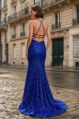 Mermaid Halter Sequins Long Prom Dress with Silt