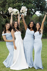 Mermaid Off the Shoulder Champagne Elastic Satin Long Bridesmaid Dresses