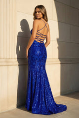 Mermaid One Shoulder Royal Blue Long Prom Dress with Criss Cross Back