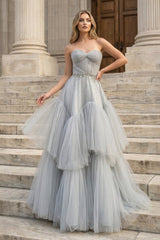 Strapless A-Line Tulle Long Prom Dress With Beading