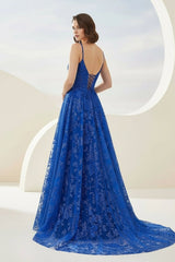 Royal Blue - A-Line Sequined Lace V Neck Long Prom Dresses