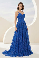 Royal Blue - A-Line Sequined Lace V Neck Long Prom Dresses
