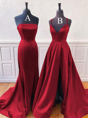 Burgundy Sleeveless Satin Long Prom Dress With Split