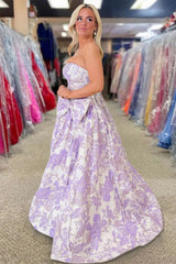 Lavender Strapless A Line Floral Printed Long Formal Prom Dresses With Bow