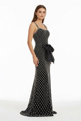 Black Spaghetti Straps Sheath Satin Beaded Formal Prom Dresses With Bowknot