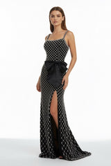 Black Spaghetti Straps Sheath Satin Beaded Formal Prom Dresses With Bowknot