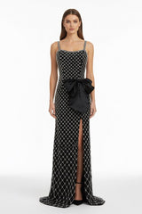 Black Spaghetti Straps Sheath Satin Beaded Formal Prom Dresses With Bowknot