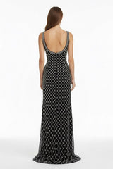 Black Spaghetti Straps Sheath Satin Beaded Formal Prom Dresses With Bowknot