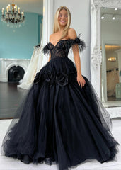 Princess A-Line Off the Shoulder Lace Tulle Prom Dress
