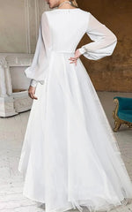 A-Line V-Neck Long Sleeves Elegant Casual Asymmetrical Chiffon Wedding Dress with Zipper Back