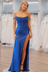 Emerald Satin Off-the-Shoulder Mermaid Long Formal Dress with Slit