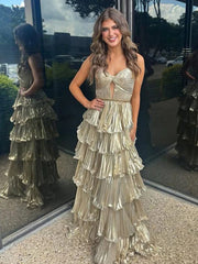 Sweetheart Spaghetti Straps Tiered A-Line Metallic Prom Dress
